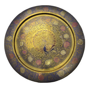 Assiette murale décorative en laiton peinte à la main style paon indien traditionnel, style antique, incrustation émaillée colorée, plateau rond décoratif - Product Image 1