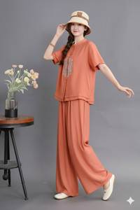 Ensemble haut brodé en coton et pantalon palazzo pour femme, col rond, manches courtes, longueur normale, tenue ethnique cousue - Product Image 3