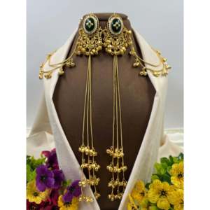 Indian Ethnic Roshni Kashmiri Jhumka Earrings with Chain-Gold Plated Pearl Bridal Jewelry - Product Image 4