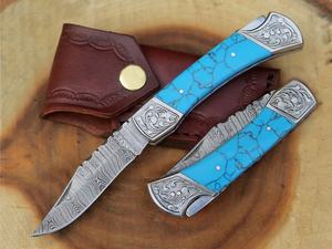 Couteau pliant artisanal en acier Damas gravé avec un manche en pierre turquoise, lame à pointe tombante et bord biseauté de 7,5 pouces, étui en cuir, EDC - Product Image 2
