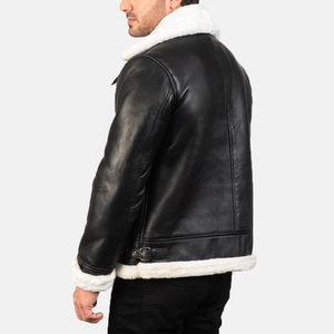 Men's Black Leather Bomber Jacket with Sheep Fur Lining Windproof Winter Moto Style Zipper Closure Regular Fit OEM customized - Product Image 2