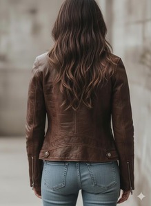 <b>Womens</b> Handmade Vintage <b>Brown</b> Distressed Genuine <b>Leather</b> Biker Motorcycle <b>Jacket</b> - Product Image 2