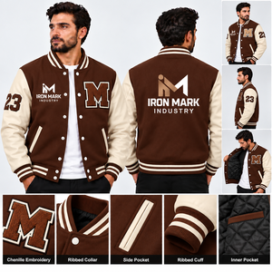 IRON MARK INDUSTRIES Men's Eco-Friendly <b>Brown</b> Color Block Varsity Jacket Crew Neck <b>Wool</b>/Viscose Shell Embroidered Letter M - Product Image 6