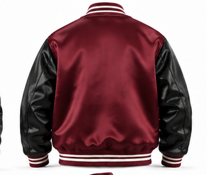 Wholesale Custom Men's Varsity Letterman <b>Jacket</b> <b>Burgundy</b> Maroon Satin Black Sleeves Striped Rib Hem and Sleeves Coat OEM - Product Image 2