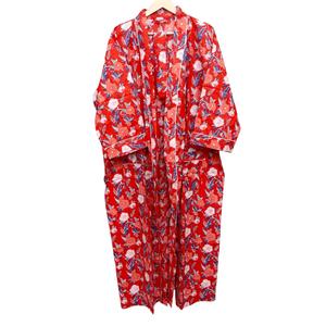 Robe kimono d'été pour femme, faite à la main, 100% coton, col en V, ceinture, manches longues, imprimé floral, séchage rapide, respirante - Product Image 5