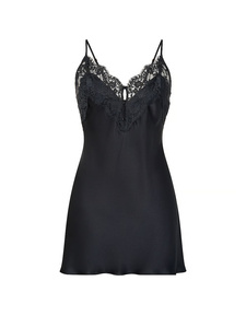 Camisón de satén negro para mujer, cuello en V, sin mangas, con encaje, ropa de dormir sexy, largo hasta la rodilla, tela suave, para verano - Product Image 6