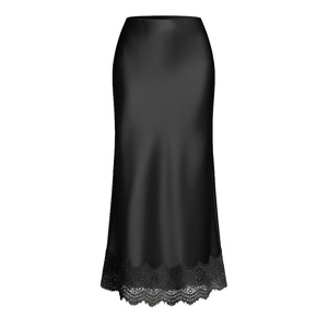 Jupe en satin pour femme, taille haute, couleur unie, coupe trapèze, avec empiècements en dentelle, élégante, longueur genou, en soie - Product Image 5