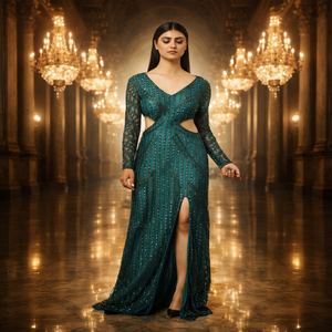 Robe de créateur haut de gamme avec sequins et perles brodés à la main pour mariage en bord de mer et tenue de villégiature – Exportation - Product Image 3