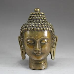 Statue de tête de Bouddha en laiton antique, artisanat métallique moderne fait main, thème culturel, décoration artistique durable pour la maison, présentation sur table - Product Image 3