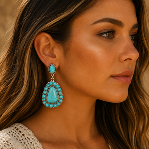 Western Turquoise Drop Earrings Navajo Style Statement <b>Silver</b> Jewelry Handmade for Women Fashion Gift Wear - Product Image 1