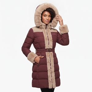 Women's Hooded Long Puffer <b>Coat</b> Waist <b>Belt</b> Quilted Winter Jacket Faux Fur Trim Warm Padded Outdoor Casual Fashion Outerwear Wear - Product Image 1