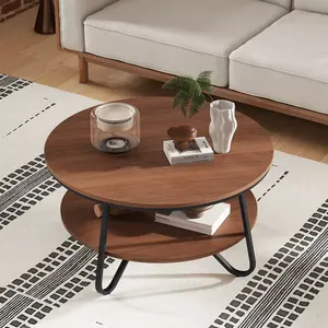 Mesa de Centro Redonda de Madera de 2 Niveles con Estructura Metálica Resistente Estilo Mid-Century, con Estante Abierto para Almacenamiento, Estilo Rústico para Sala de Estar u Oficina - Product Image 3