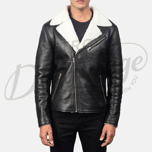 Blouson de motard en cuir noir premium pour homme avec col en fausse fourrure blanche, manteau chaud en peau de mouton pour l'hiver, coupe ajustée élégante - Product Image 4