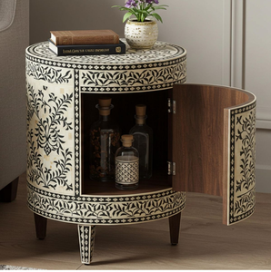 Armoire cylindrique avec incrustations en os, disponible à prix de gros. Table de chevet à motif de feuilles noires disponible à prix de gros. - Product Image 1