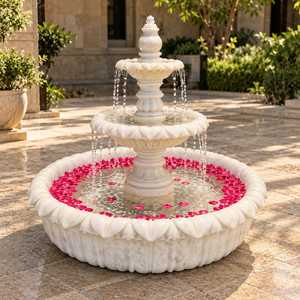 4.5 Feet Three Tier Marble <b>Fountain</b> Classical Garden <b>Water</b> Feature White Natural Stone Lotus Petal Design Outdoor <b>Indoor</b> Decor - Product Image 4