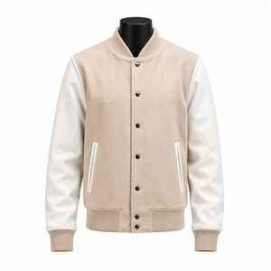 Chaqueta Universitaria Personalizada, Cuerpo de Lana, Mangas de Cuero Blanco, Proveedor de Fábrica - Product Image 1