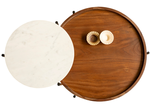 Table basse de salon pliable en bois d'acacia massif avec finition noyer, plateau rond en marbre blanc et base en métal, durable - Product Image 5