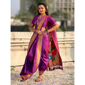 Sari Paithani Nauvari Especial de Seda Suave con Motivos de Polka Tejidos con Hilo Zari Morado para Bodas, Pallu de Pavo Real, Ropa India y Pakistaní - Product Image 5