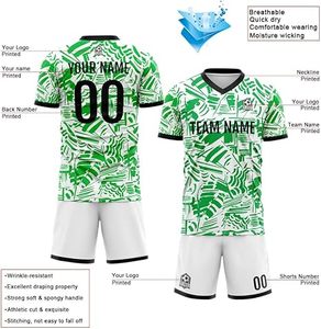 Maillot de football personnalisé pour homme, vert et blanc, impression sublimée, manches courtes, col en V, évacuation de l'humidité, toutes saisons, coupe classique - Product Image 2