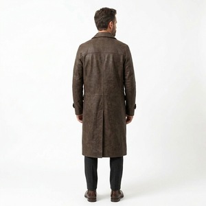 Men's Brown Genuine <b>Leather</b> <b>Trench</b> <b>Coat</b> <b>Long</b> Single Breasted Overcoat with Turn-down Collar - Product Image 5