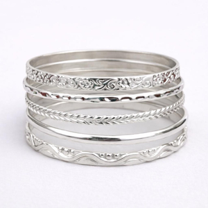 Set of 7 Oxidized Sterling <b>Silver</b> <b>Bangle</b> <b>Bracelets</b> with Floral Pattern Stackable Bohemian Artisan Statement Jewelry for Women - Product Image 5