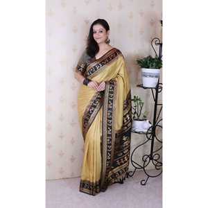 Sari traditionnel indien/pakistanais en soie douce Chickoo tissée avec des fils Zari, art Warli, vêtements élégants - Product Image 6