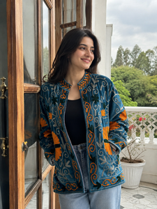 <b>Womens</b> Suzani Embroidered Cotton <b>Velvet</b> Jacket Handmade Floral Boho Ethnic Indian Winter <b>Coat</b> Stand Collar Breathable Wholesale - Product Image 1
