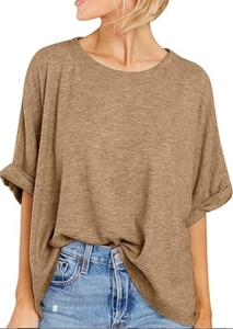 Camiseta de Manga Corta con Cuello Redondo Extra Grande para Mujer, Corte Holgado, 100% Algodón Tejido, Color Sólido, para Primavera y Verano - Product Image 4