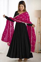 Set Gaun Anarkali Georgette Putih Premium Bordir Pink Dupatta 2.2 Meter V-Neck Lengan Panjang 2.7 Meter Rok Lebar Katalog Grosir