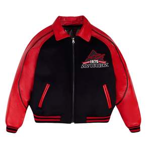 Avirex <b>Men's</b> Black Red Varsity <b>Jacket</b> Leather Embroidered Logo Front Zipper Casual Autumn Wear Bright Red Leather Mix of Passion - Product Image 1