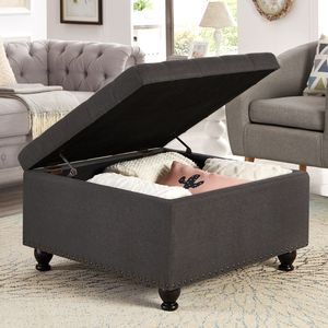 Tavolino da Caffè Grigio Scuro Imbottito con Bottoni e Finiture a Chiodi, Grande Pouf Quadrato con Vano Contenitore e Gambe in Legno per Soggiorno - Product Image 2