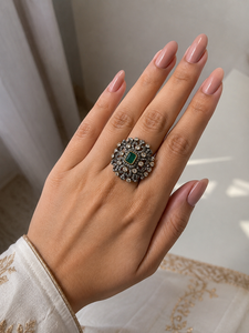 Treated Natural Emerald Cut Cocktail Ring | 925 Silver 18K Gold Plated | Emerald <b>Oxidized</b> Finish | Indian Bridal Engagement Gift - Product Image 4
