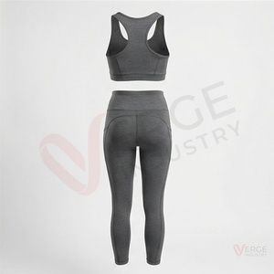 Women Gray 2 Piece Yoga Set Racerback Scoop Neck Sports <b>Bra</b> High Waist Full Length Leggings - Product Image 2