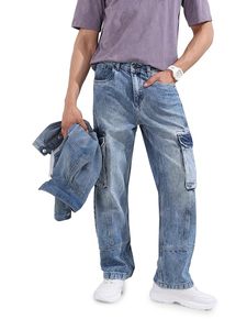 Jean baggy homme en denim délavé bleu clair, 100 % coton, taille mi-haute, coupe ample, style hip-hop, poches utilitaires - Product Image 1