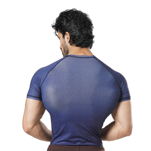 T-shirt de compression personnalisé pour homme, bleu marine imprimé, à manches courtes, col ras du cou, ajusté, pour entraînement sportif, protection anti-UV, sous-vêtement de sport athlétique - Product Image 2