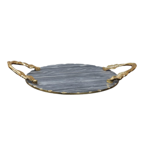 Plateau de service rond en marbre de luxe avec poignées décoratives en or Plateau élégant en marbre noir et gris avec poignées en laiton en forme de feuille - Product Image 1