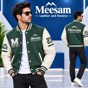 เสื้อแจ็คเก็ตวาร์ซิตี้สีเขียวสำหรับผู้ชาย ทำจากหนัง PU ปักตัวอักษร M ปกคอพับ สวมใส่สบายๆ ในฤดูใบไม้ร่วง ทรงปกติ - Product Image 1
