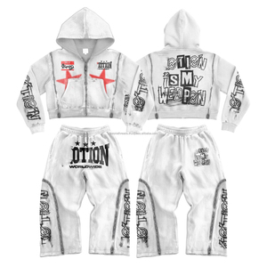 Ensemble de survêtement streetwear pour homme de haute qualité, avec impression personnalisée en relief, effet délavé vintage, comprenant un sweat à capuche oversize et un pantalon de survêtement évasé - Product Image 3