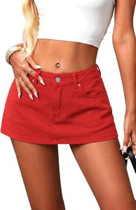 Minifalda vaquera roja de cintura alta, color liso, corte en A, estilo casual para mujer, verano-otoño, ajuste regular, con botones frontales y abertura, lavable. - Product Image 2
