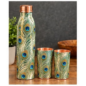 Bouteille d'eau décorative en cuivre avec deux tasses, ensemble de voyage portable, motif floral noir et rose - Product Image 3