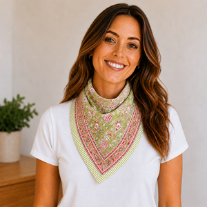 Handmade Floral Printed Cotton Square Scarf Bandana Casual Multifunctional Breathable Skin-Friendly Durable Green Pink Pattern - Product Image 1