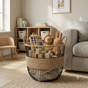 Panier de rangement en fil métallique noir avec poignées en corde de jute naturelle, organisateur de décoration rustique pour la maison, panier pour la cuisine, la salle de bain et la buanderie - Product Image 4