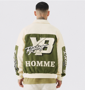 Chaqueta Varsity Cortavientos para Hombre con Diseño de Parche con Letras Verdes, Cuello Camisero, Exterior de Poliéster/Algodón, Logotipo Bordado - Product Image 2