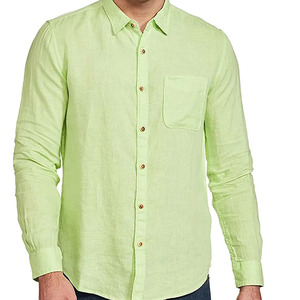 เสื้อเชิ้ตแขนยาวสีเขียวอ่อนสำหรับผู้ชาย ผ้าฝ้ายลำลอง มีกระเป๋า ปกคอพับ ระบายอากาศได้ดี เหมาะสำหรับฤดูร้อน สีพื้น ย้อมสีทั้งตัว - Product Image 1