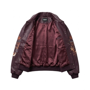 Japanese Nine Tailed Kitsune Fox Embroidery Mens <b>Burgundy</b> <b>Leather</b> Bomber <b>Jacket</b> Vintage Oversized Streetwear Outerwear - Product Image 5