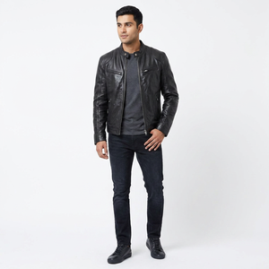Wholesale Men's Casual Genuine Leather <b>Jacket</b> Winter Season <b>Punk</b> Streetwear Stand Collar Fur Trim Sherpa Lining - Product Image 6