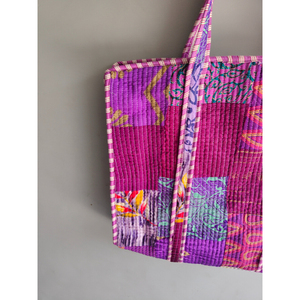 Bohemian Cotton Tote <b>Bag</b> Panelled Purple Pink <b>Patchwork</b> Open Top Shopping <b>Bag</b> All Seasons Style - Product Image 4