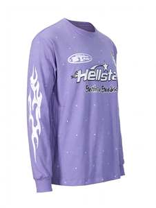 เสื้อยืดแขนยาวสีม่วงอ่อนแบบกำหนดเอง พิมพ์ลายกราฟิกเปลวไฟ แขนเสื้อแบบวินเทจ สตรีทแวร์ ผ้าฝ้าย ผู้ชาย ทรงโอเวอร์ไซส์ หลวม - Product Image 3