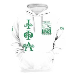 Sweat à capuche personnalisé de la sororité Iota Phi Lambda, blanc, avec lettres grecques sur le devant, écusson et numéro d'année au dos, style pull-over - Product Image 5