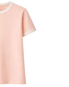 เสื้อยืดคอกลมผู้หญิงสีพีชแบบสั่งทำจากโรงงาน พร้อมปกเสื้อสีขาวตัดกันและแถบแถบคู่ที่แขนเสื้อ  ผ้าฝ้ายลำลองสำหรับฤดูร้อน - Product Image 2